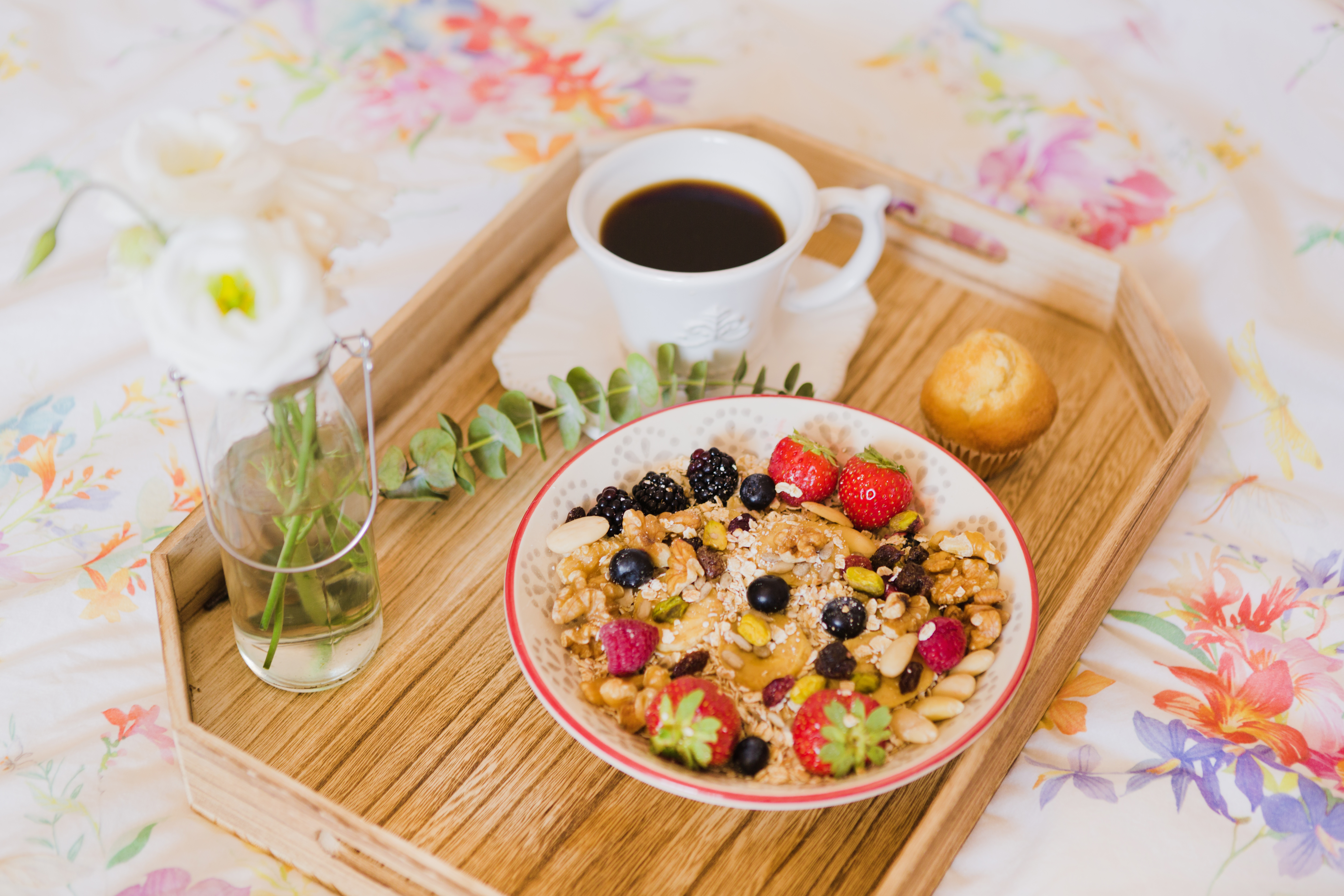 Bowl of cereal on a sunny breakfast table